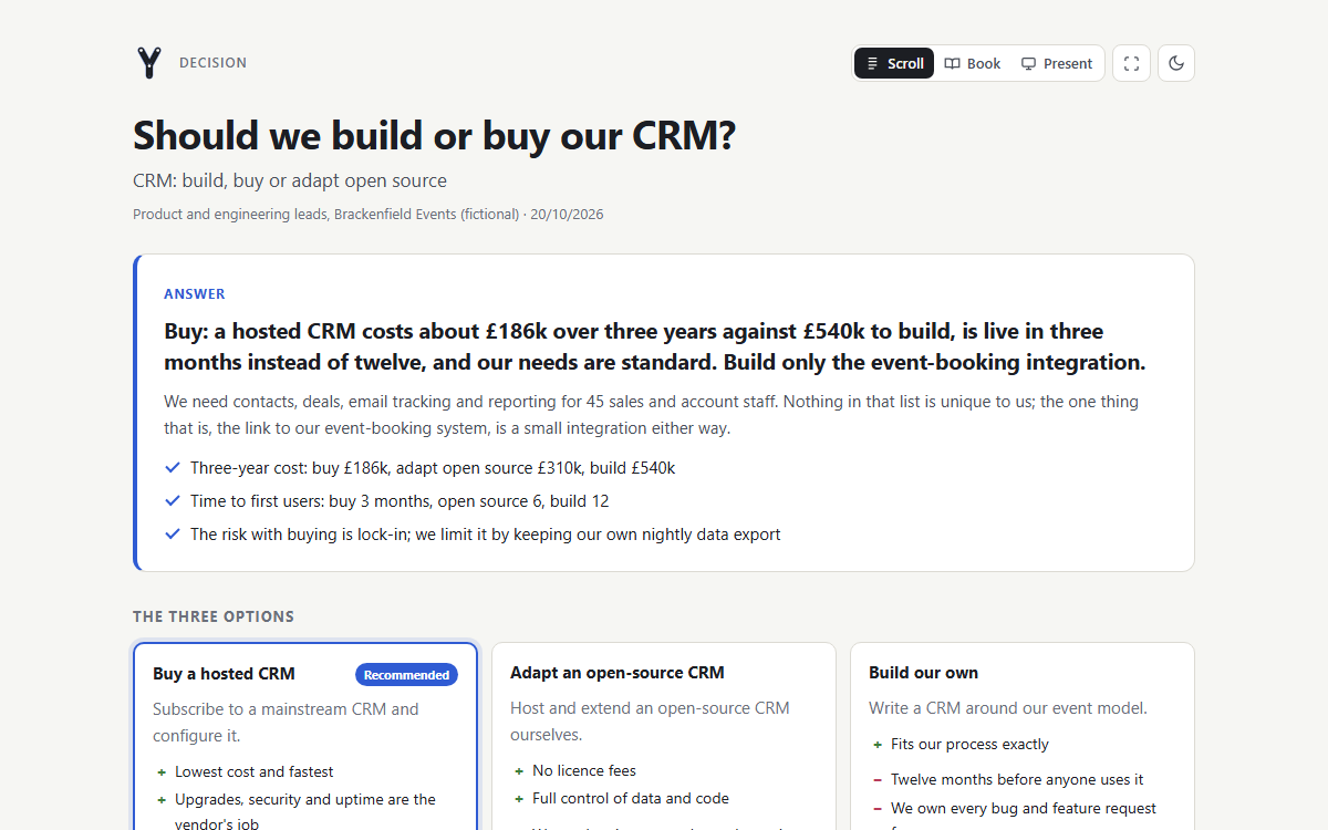 A build-or-buy decision page with the recommendation and three options