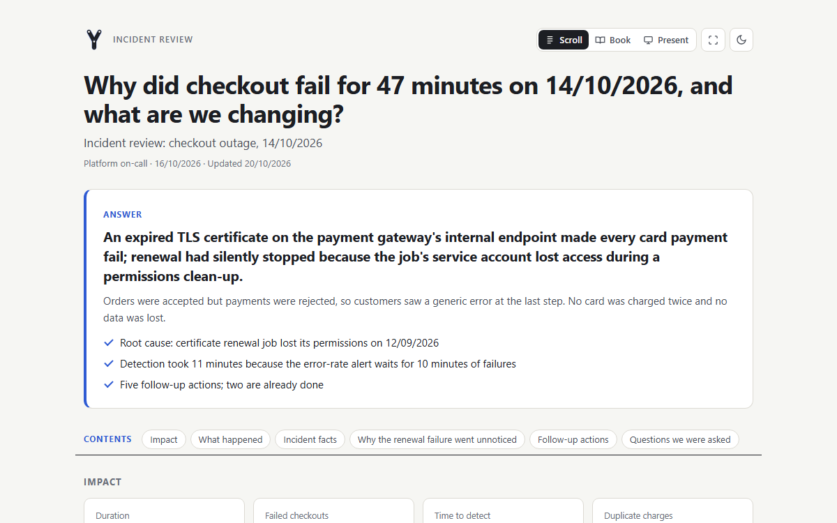 An incident review answer page: the cause first, then the impact